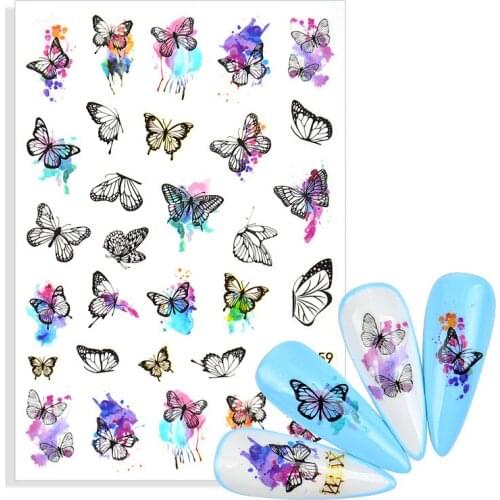 3D Self-adhensive Butterflies Nails Art Manicure Stickers Graffiti Black Decals Spring Theme Flowers Leaf Nail Decoration Decals