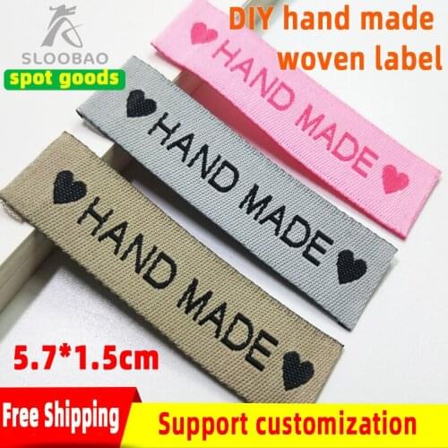 Free shipping Fabric Label Hand Made Heart Sew On Garment Clothing Tags 60x15mm DIY woven labels