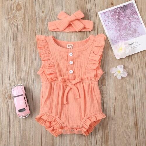 Newborn Baby Girls Bodysuit Clothes Ruffle Cotton Linen Solid Color Bodysuits Summer Sleeveless Jumpsuit +Headband Sets 0-2 Year