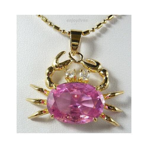 DD Wholesale FREE SHIPPING >>> Pink Cubic Zirconia Yellow Gold Plated Crystal Crab Pendant & Necklace