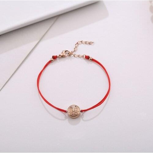Double-sided round Chinese lucky words red rope bracelets for women accessaries femme, retro stainless steel bracelet jewelry
