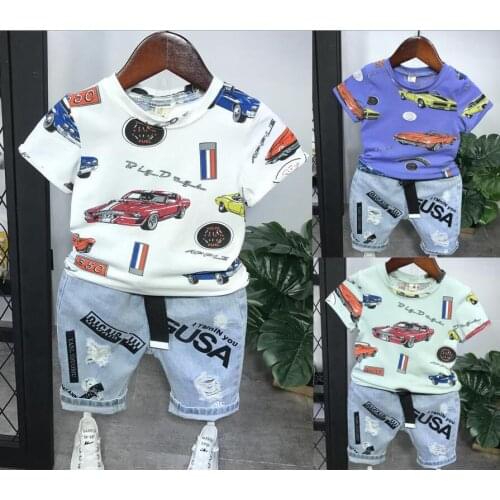 Toddler Summer Kids Baby Boy Clothes Set Cotton Letter Short Sleeve T-Shirt Tops Denim Jeans Shorts Pants 2PCS Outfits Set