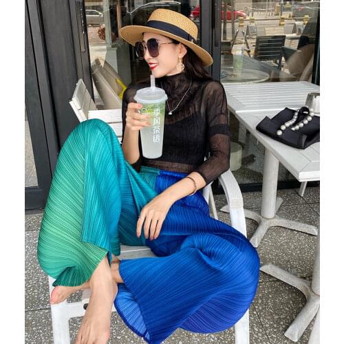 HOT SELLING miyake Fashion fold Medieval rainbow gradient straight-leg pants IN STOCK