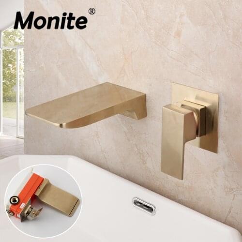 Monite Brushed Gold Bathroom Bathtub Faucet Embedded Box Valve Brass Waterfall Water Basin Sink Wash Bathtub Mixer Tap Faucet