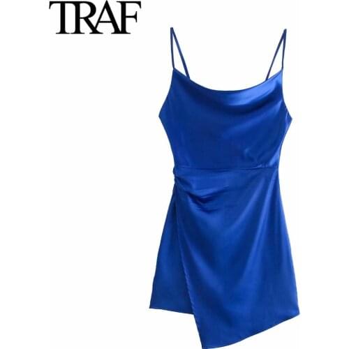 TRAF Za Women Fashion Vintage Blue Rayon Dress Summer Sleeveless Dresses Female A-line Pleated Satin Mini Dress Vestidos