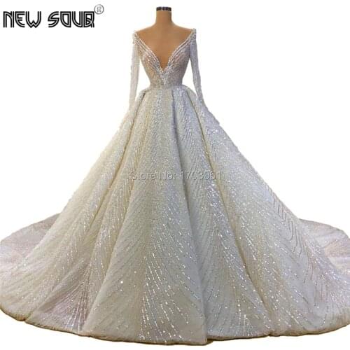 Generous Sliver Ball Gown Evening Dresses Vestidos Dubai Islamic Prom Party Dress V Neck Glitter Sequins Pageant Party Gown 2020