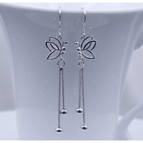 VOQ 925 Sterling Silver Butterfly Earrings Long Tassel Beads Drop Earrings for Women Boucle D'oreille Oorbellen