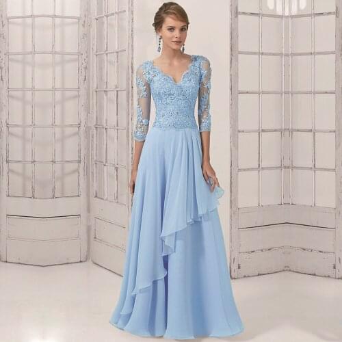 Formal Beading Sequin Lace Appliques Tulle Chiffon V Neck A-Line Long Evening sky blue black mother of the bride dresses