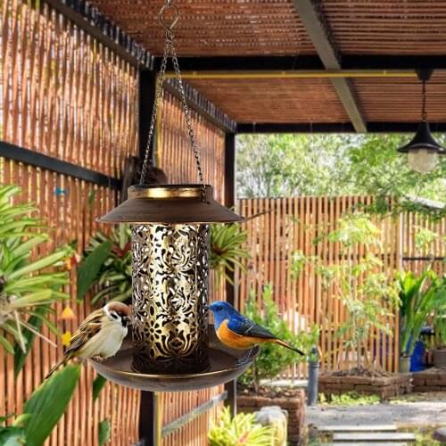 Solar Powered Bird Feeder Light Waterproof Vintage Hanging Outdoor Solar Lamp Shape Sensitive Sensor Control Solar Garden Light