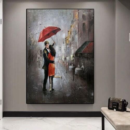 Modern Oil Painting Lover Walking In The Rain With Red Umbrella 100% Hand Painted On Canvas Living Room Home Decor Wall Art