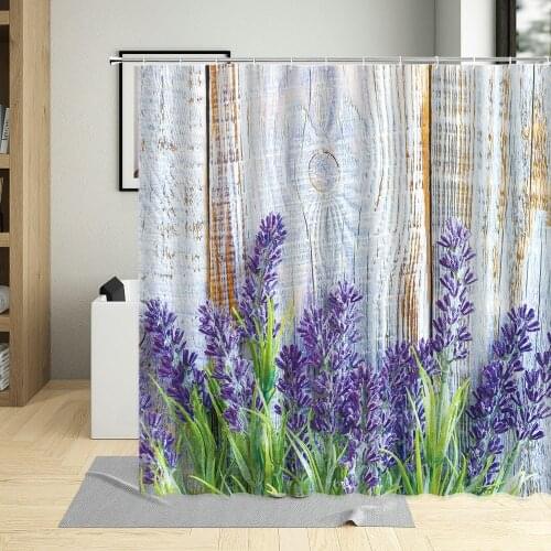 Floral Plant Wood Grain Shower Curtain Purple Daisy Lavender Flower For Home Decor Polyester Fabric Bathroom Curtains With Hooks