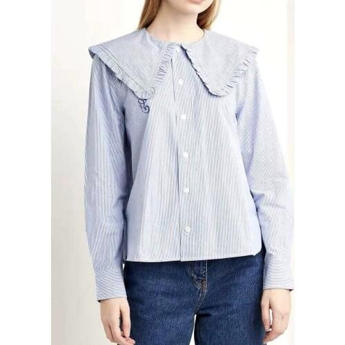 Women Shirt 2021 New Embroidered Striped Doll Collar Striped Cotton Shirt