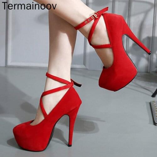 Termainoov Women Pumps Waterproof Platform Cross Buckle Big Size 42 Flock Stiletto Female High Heels Party Wedding Shoes