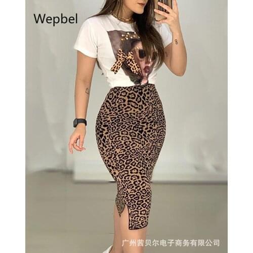 Wepbel Summer Leopard Women Sets Short Sleeve Tops Tshirt + High Wasit Bodycon Skirt Print Set Two Piece Set Casual Outfits