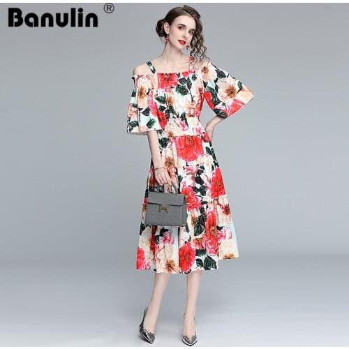 Banulin 2021 Summer Fashion Runway Boho Dress Women Off Shoulder Spaghetti Strap Elastic Waist Floral Print Elegant Party Dress
