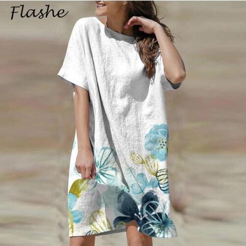 New Summer Dress Women Vintage Short Sleeve Mini Dresses Ladies O Neck Floral Print Party Dress Spring Casual Loose Dresses 2021