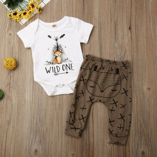 2020 Baby Summer Clothing Lovely Newborn Baby Boy Girl Fox print Clothes Tops Short Sleeve Romper+Harem Pants Outfit 2Pcs Set