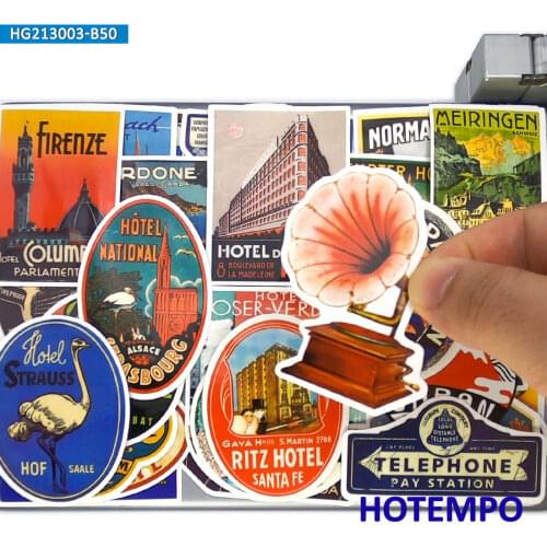 50pcs Retro Fashion Hotel Card Logo Travel Funny Phone Laptop Car Stickers for Guitar Luggage Skateboard Bike Motorcycle Sticker