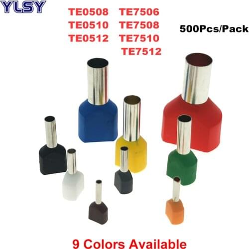 500Pcs Dual Wire Tube Insutated Cord End Crimp Termina TE0508~7512 Electric Double Terminal Cable Copper Ferrules 0.5~0.75mm²