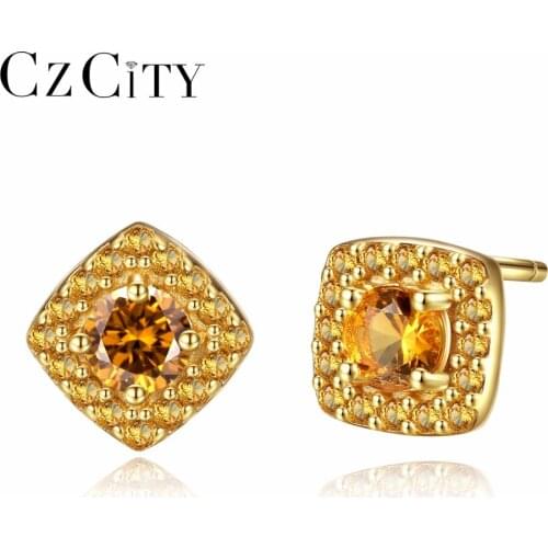 CZCITY 925 Sterling Silver Citrine Stud Earrings for Women Yellow Crystal 18K Gold Plated Women Earring Jewelry Orecchini SE0116