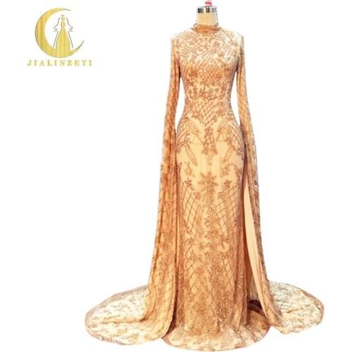 JIALINZEYI Real Image Sample Luxurious Full Hand Work Beads High Neck Long Trian Mermaid Party Prom dresses evening dress 2020