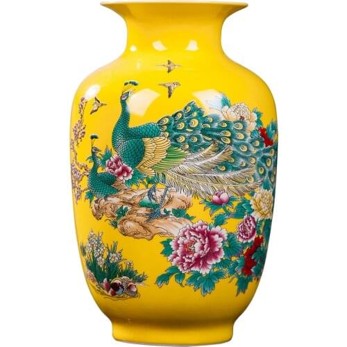 Jingdezhen Ceramics Yellow Peacock Flower Vase New Chinese Home Desktop Arrangement Living Room Decoration Arrangement