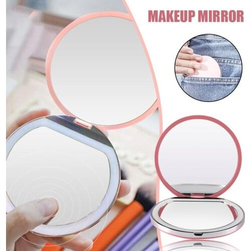 Mini Makeup Mirror with LED Light 2X Magnifying USB Rechargeable Compact Folding Pocket Mirror for Girl Women NE