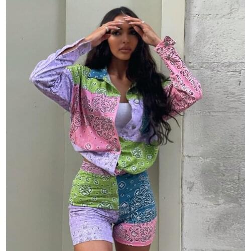 Fashion Slim Female Suit Set, Summer Floral Print Turn-Down Collar Long Sleeve Shirt+ Short Pants for Ladies,S/M/L