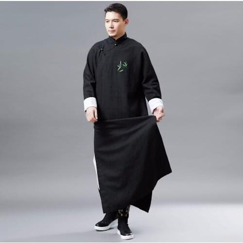 Ancient Ethnic Linen Cotton Clothing Man Spring Autumn New Embroidered Bamboo Long Gown Men Chinese Ethnic Style Long Hanfu Robe