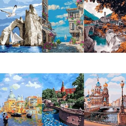 FSBCGT City Acrylic Oil Painting By Numbers Drawing On Canvas Scenery HandPainted Art Pictures By Number Kits DIY Home Decor