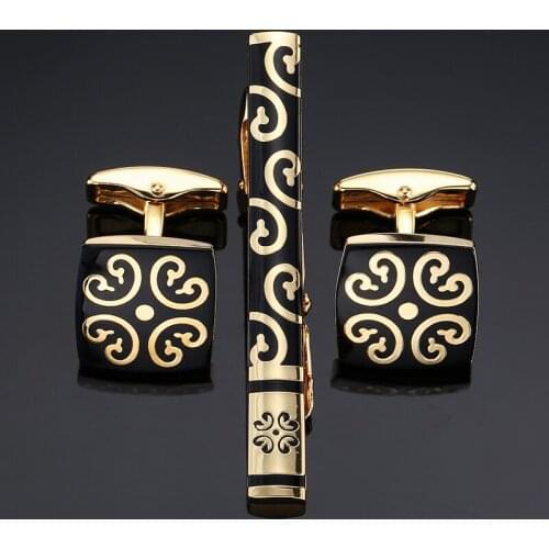 New type Stainless Steel Tie Clips & Cufflinks Set for Mens jewelry gold pattern Plating Metal Necktie Tie Bar Clasp Gold Gift