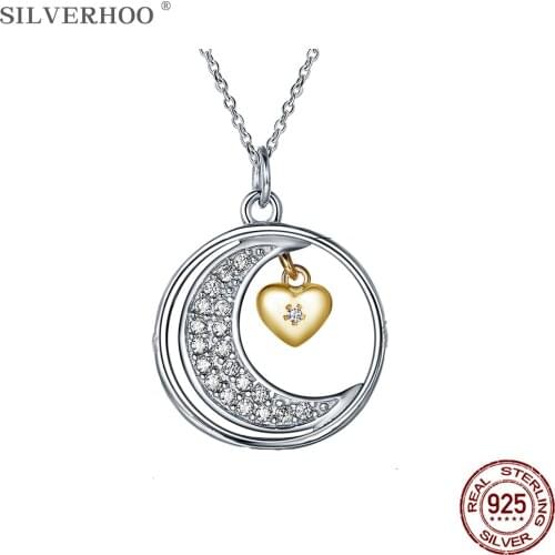 SILVERHOO 925 Sterling Silver Moon And Star Necklace Charms With 5A Clear Cubic Zirconia Circle Pendant Necklaces Fine Jewelry
