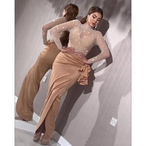 Champagne prom dresses 2020 high neck long sleeve mermaid pleats ruffle mermaid pearls evening dresses gowns