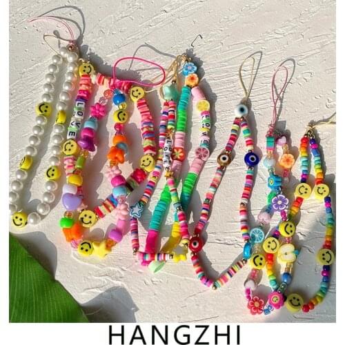 HANGZHI 2021 New Color Smile Face Acrylic Beads Cell Phone Chain CellPhone Strap Anti-Lost Lanyard for Women Girl Summer Jewelry