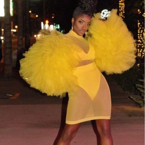 Sexy Yellow See Through Women Dress With Exaggerated Ruffles Tiered Lush Sleeves Party Dresses Custom Made Club