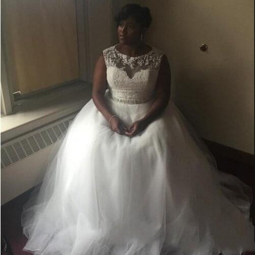 Scoop Neck A Line Wedding Dresses with Lace Appliques Crystal Waist Plus Size Custom Made Wedding Gowns