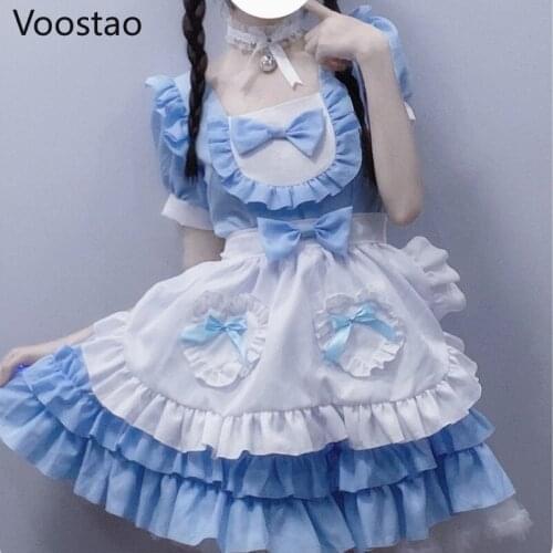 Japanese Kawaii Lolita Dress Girls Sweet Cream Sweetheart Maid Cosplay Blue Mini Dresses Women Vintage Cute Bow Ruffles Outfit