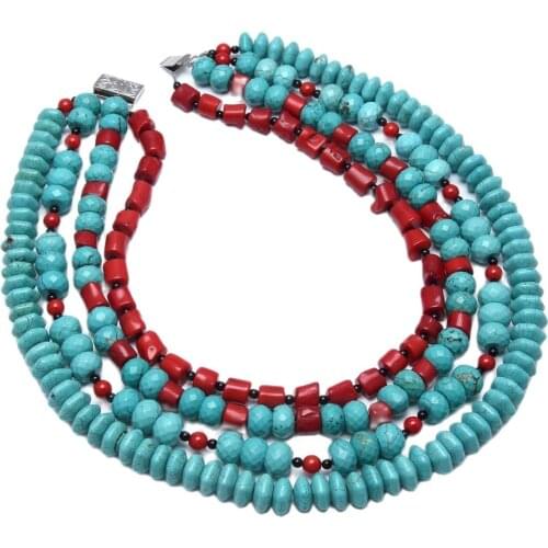 GuaiGuai Jewelry 19'' 4 Strands Huge Rondelle Blue Turquoise Red Coral Heavy Necklace Handmade For Women