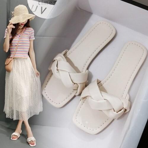 2020 New Womens Square Toe Flats Slipper Brand Design Weave Slides Outside Sandals Summer Ladies Beach Shoes Woman 35-39