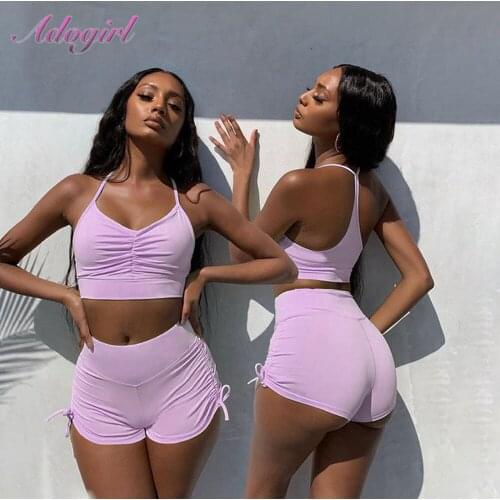Adogirl Summer Womens Sports Shorts Suit Casual Female Solid Color Cropped Top (with Padded) + Drawstring Shorts Two Piece Sets