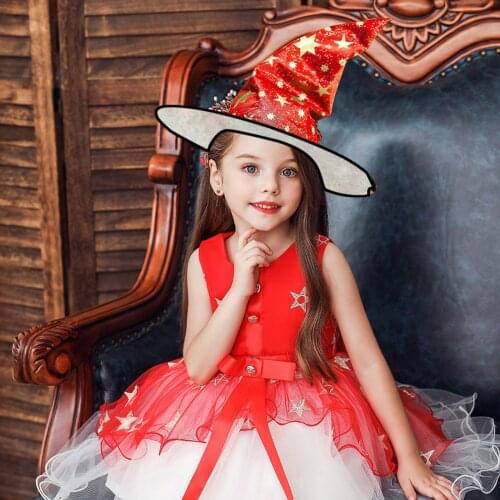 Witch Cosplay Girls Party Dresses Kids Child Girls Pageant Gown Halloween Dance Party Costume Princess Dress + Magician Hat 2-8T