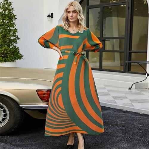 2021 fall plus size women pleated designer dress with Sashes orange stripes Bohemian dress high fashion aesthetic indie clothes
