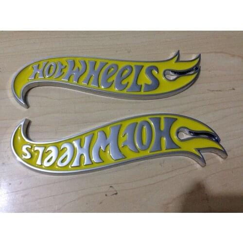 1pair Chrome & yellow Hot Wheels Flames Emblem Badge Hot Rod, Mustang, Camaro