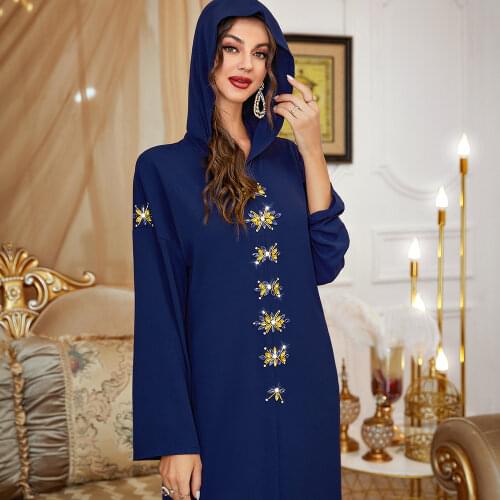 BA302 Blue Organge Dubai Robe Maxi Dress Elegant Abayas For Women Long Sleeve Muslim Kits Diamonds With Hat Moroccan Kaftan Gown