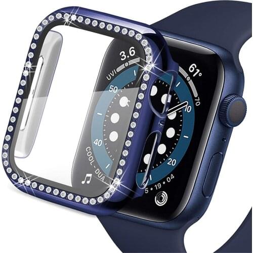 For apple watch 6 se case 40mm 44mm HD Tempered Glass Screen Protector + Shiny Diamonds PC Bumper for iwatch 5 4 3 case 42 38mm