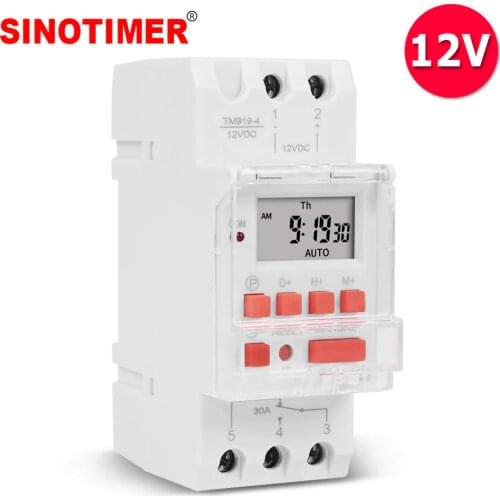 DC 12V 30A 5 PINS 1NO+1NC Digital Solar 24hrs Timer Switch with Sleep Mode and AM/PM Display DIN RAIL Installation