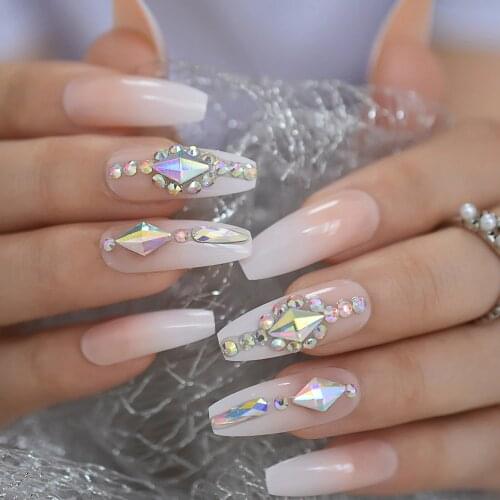 Long 3D Bling Glitter Pink Nude French Ballerina Coffin False Fake Nails Gradeint Natrual Press on Party Finger Wear UV Nails
