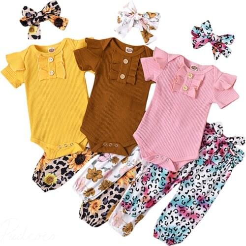 Wholesale Summer 3pcs Infant Baby Girls Clothes Sets Knitted Short Sleeve Romper Tops Leopard Flowers Pants Outfit Sets