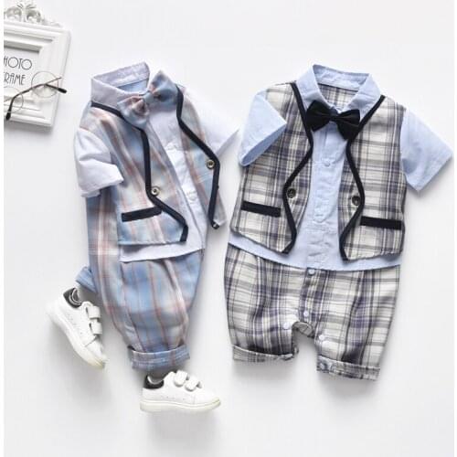 0-24M Newborn Baby Boys Gentleman Rompers Plaid Print Patchwork Short Sleeve Jumpsuits