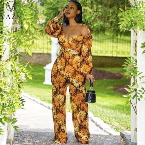 VAZN 2021 INS High Waist Chiffon Early Autumn Fashion Print Strapless Full Sleeve Lady Wide Leg Jumpsuits